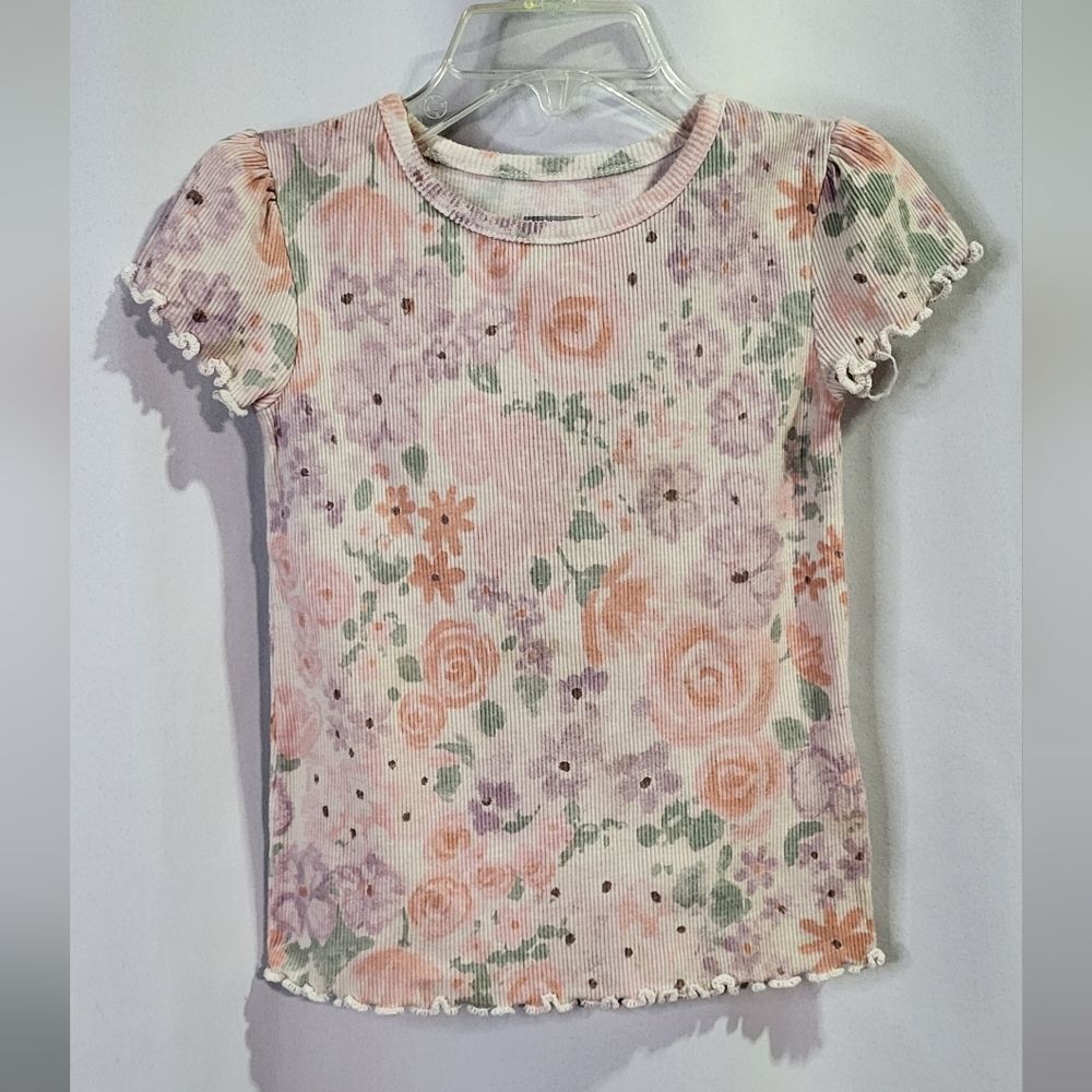 Garanimls Girls Ivory Cream Floral Print Ruffle Short Sleeve T-Shirt Size 3T π - Picture 2 of 9